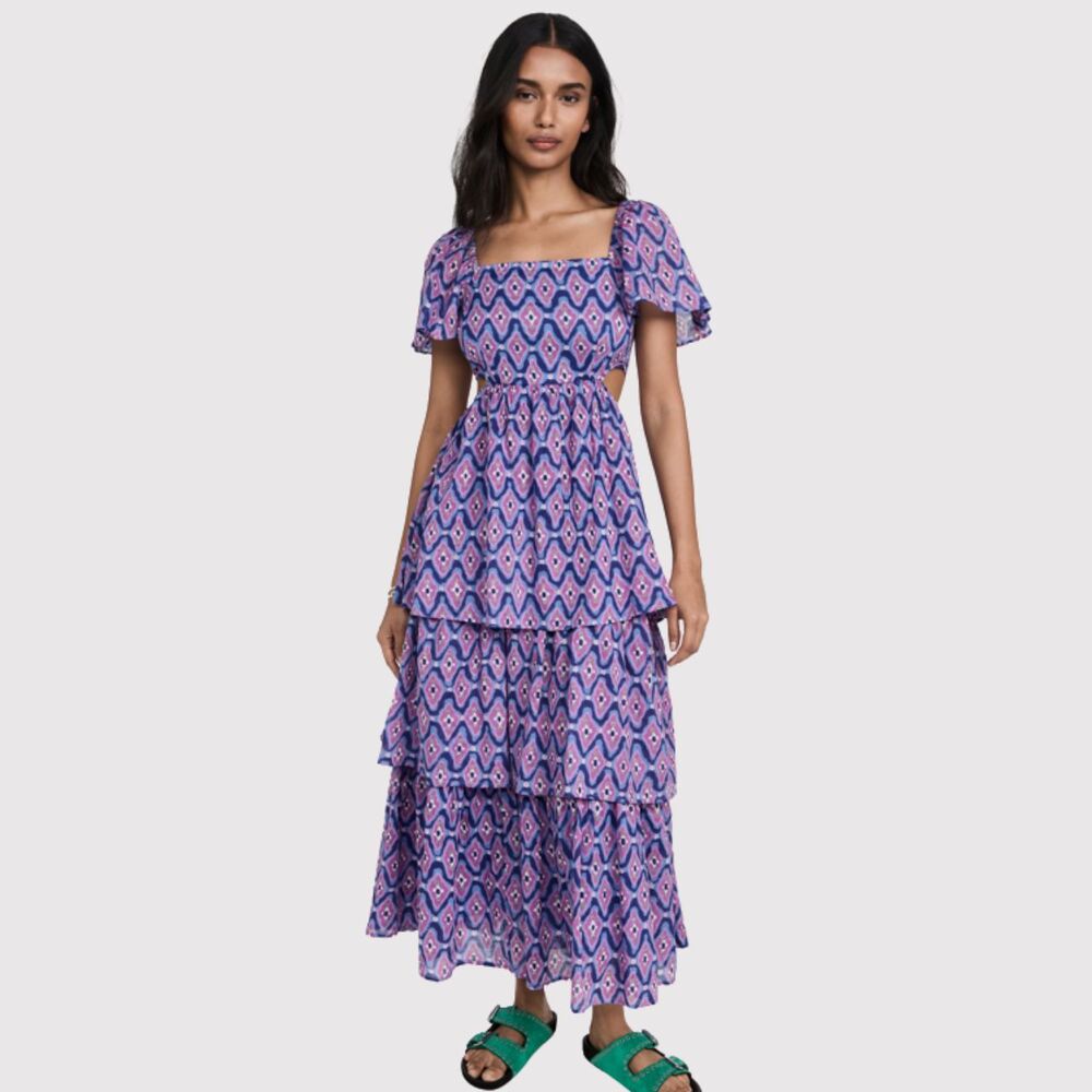 Banjanan Dress Purple Bonnie Maxi Floral Layered Cutout Fit Flare Boho Small
